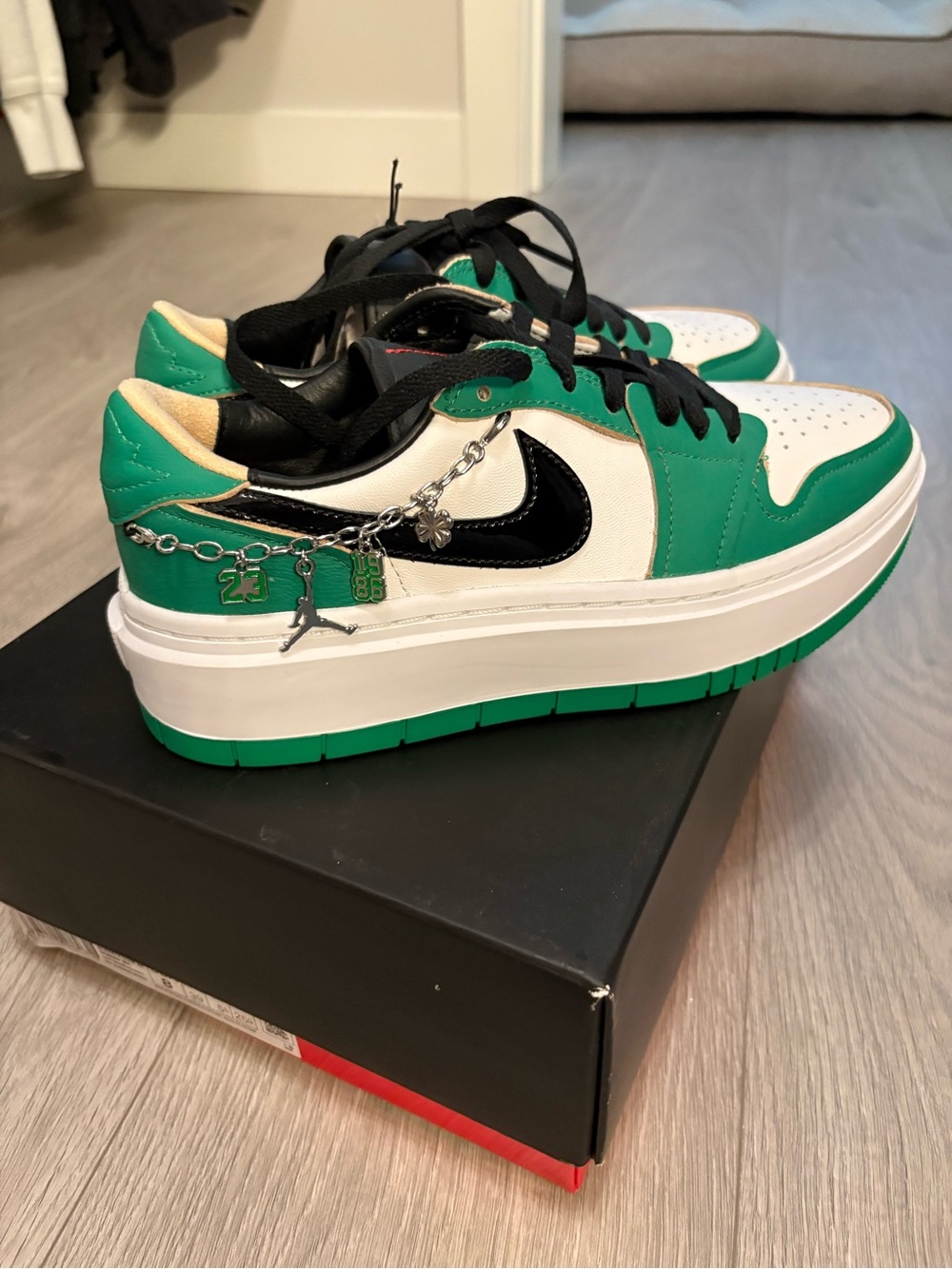 Nike Jordan 1 Elevate Low Platform Green White Black with Charm Chain